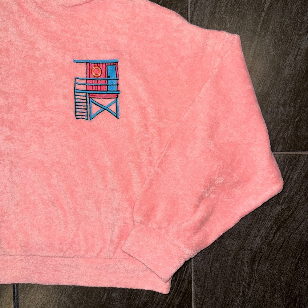 Celandine Pink Hooded Terry Crop Sweatshirt with Flamingo Embroidery - Picture 14 of 15